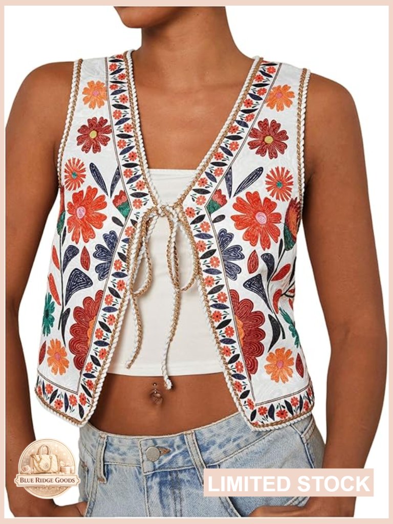 Floral V Neck Tie Front Boho Tank Top Sleeveless Vest Women's Chic